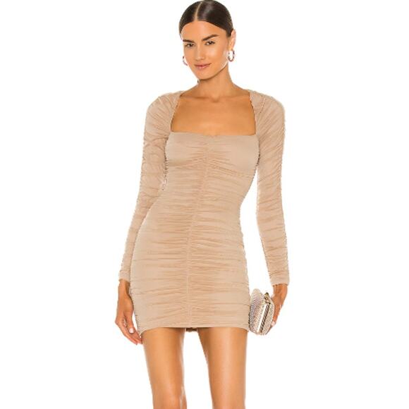 Michael Costello x REVOLVE Franky Mini Dress Mesh Ruched Long Sleeve, Taupe - Picture 14 of 14